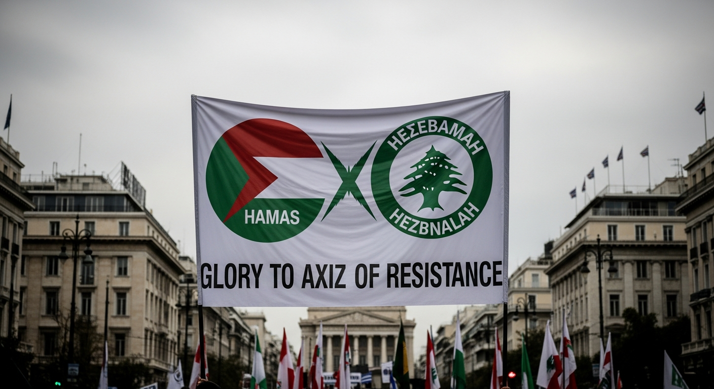 Athens Protest Glorifies Terror: The "Axis of Resistance" Banner